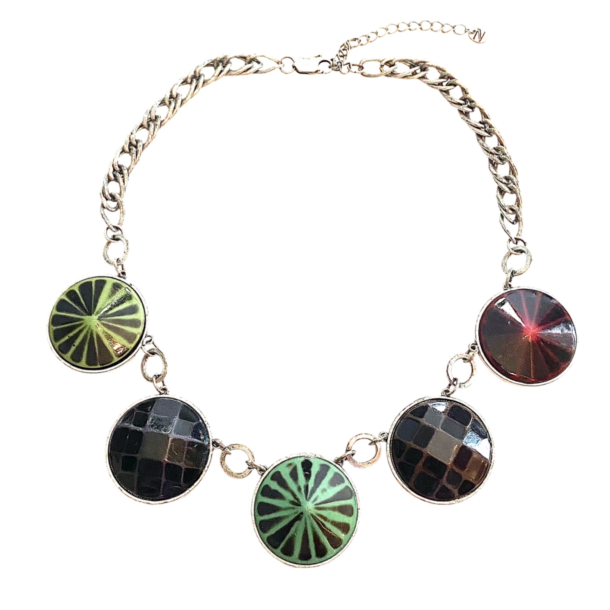 Natori Statement Bib Necklace Silver Green Burgundy Black